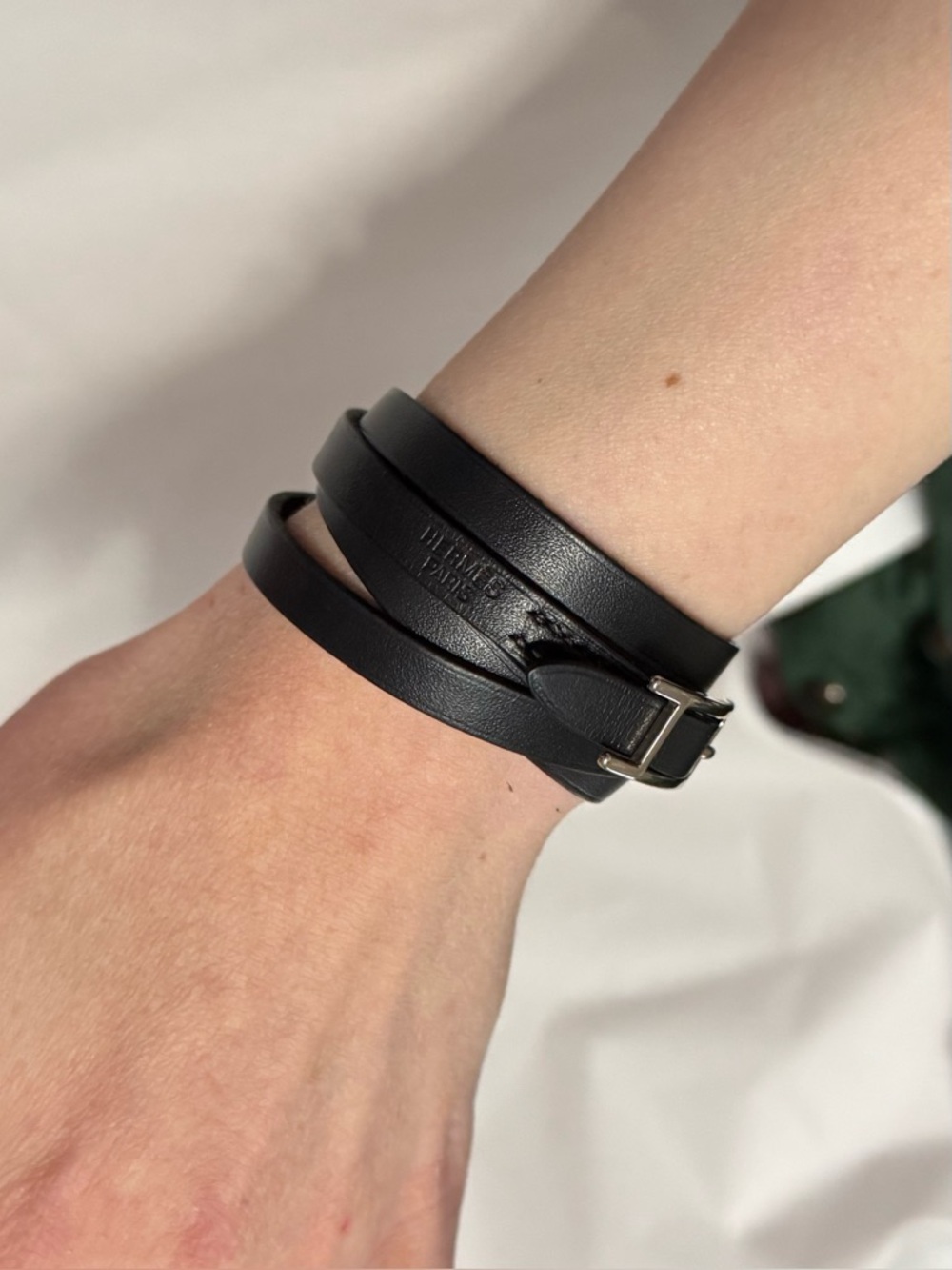 Hermès AUTHENTIC Silver & Black Leather Behapi Api Double Tour Bracelet - Picture 5 of 16